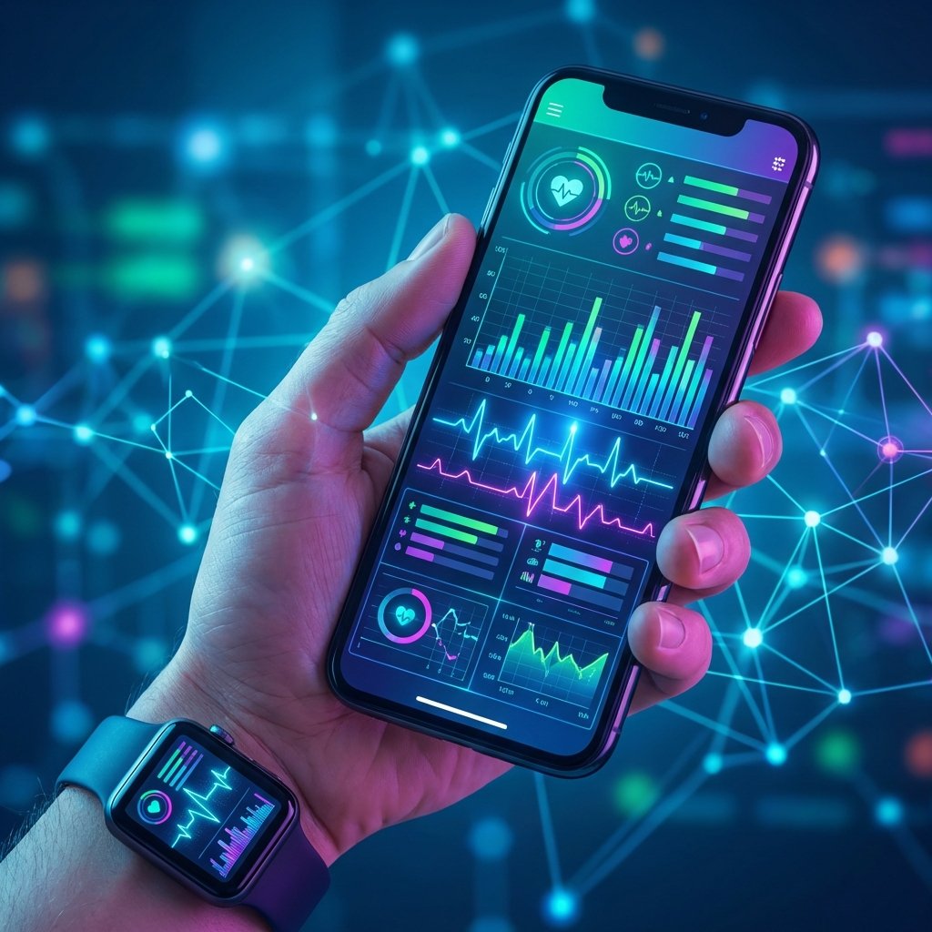 A digital illustration showing a hand holding a smartphone with health graphs and a smartwatch on the wrist. High-tech health app interface, vibrant colors, data visualization style, 1:1 aspect ratio, no text.