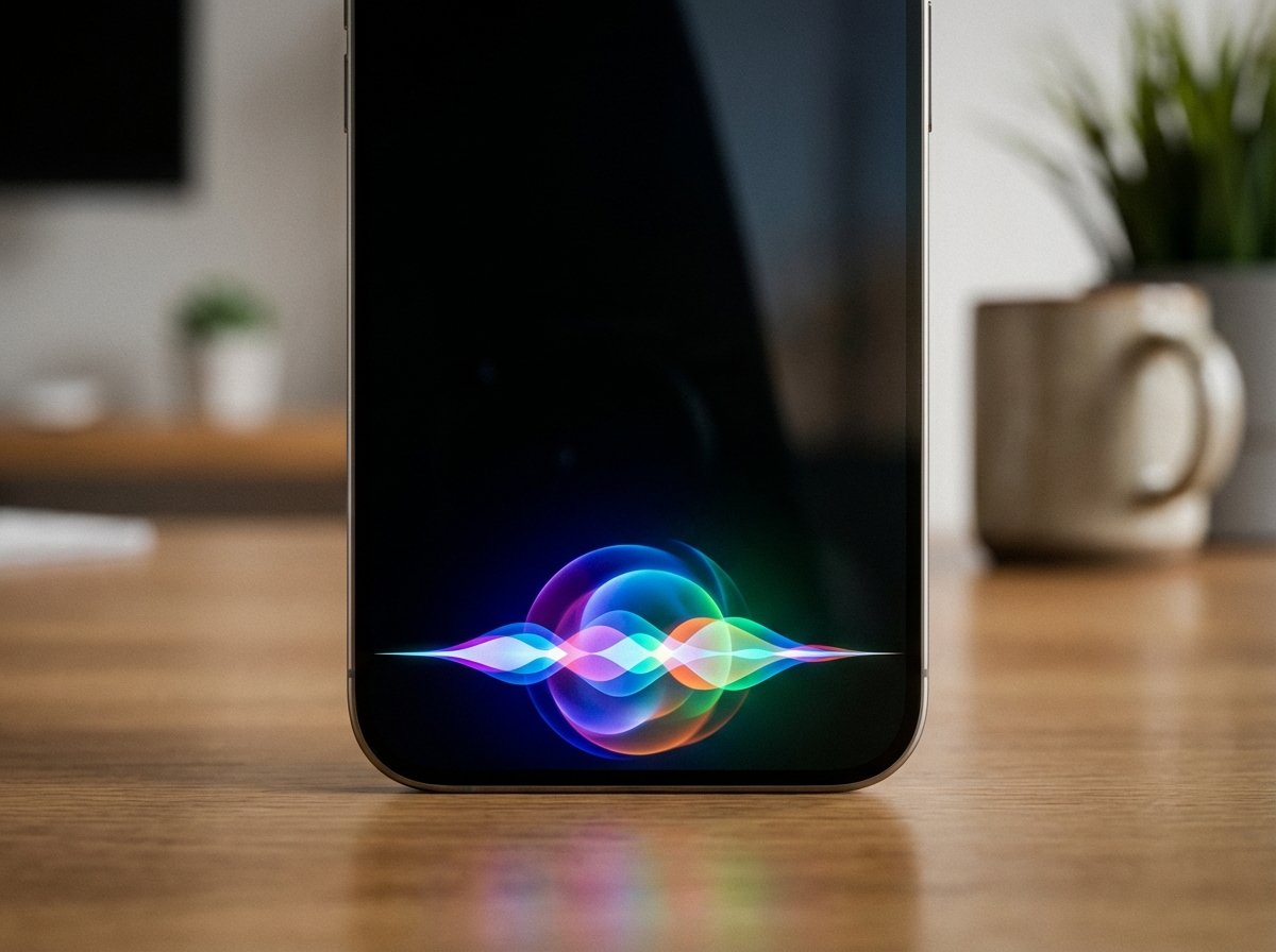 A realistic close-up of a modern iPhone screen showing a glowing colorful AI assistant interface at the bottom. The background is a soft-focus minimalist office desk. Professional lighting 4:3 aspect ratio no visible text.