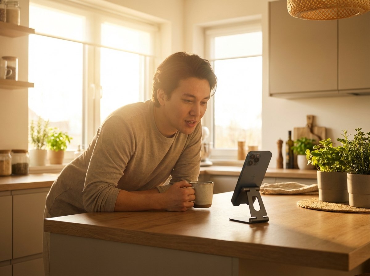 A lifestyle photograph of a person in a modern kitchen using voice commands to an iPhone propped on a stand. Natural morning sunlight warm atmosphere high quality 4:3 aspect ratio no visible text.