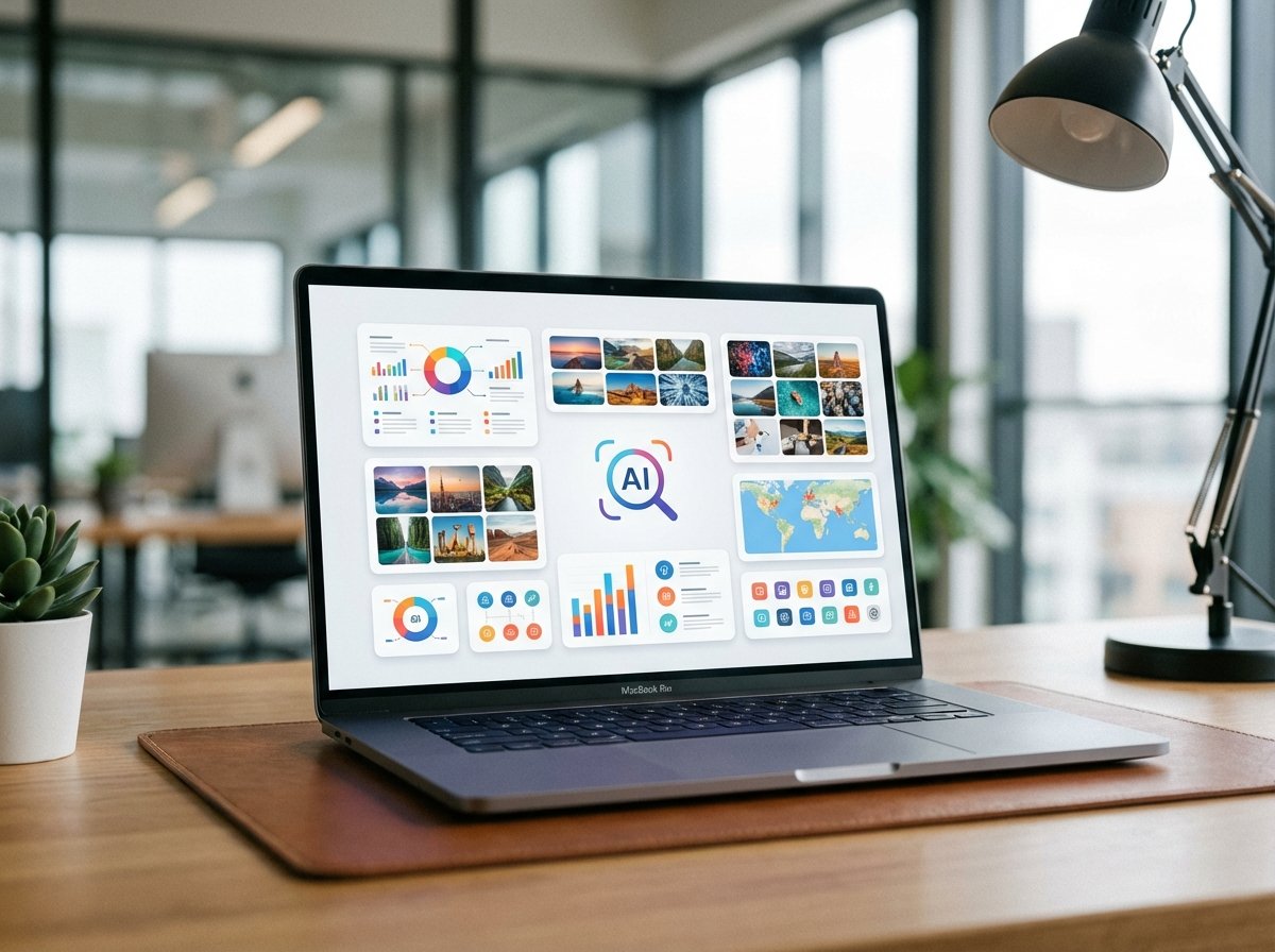 A detailed composition of a MacBook screen showing a clean AI search result page with rich visual summaries. Sleek workspace background soft bokeh 4:3 aspect ratio no visible text.