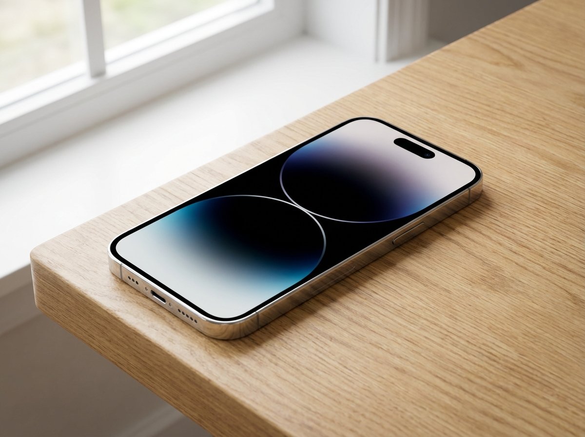 A sleek and modern smartphone mockup inspired by Apple design language showing a thin bezel 6.1 inch display with a Dynamic Island centered at the top. The device is placed on a clean wooden desk with soft natural lighting from a window. High-quality product photography style. 4:3 aspect ratio. No text.