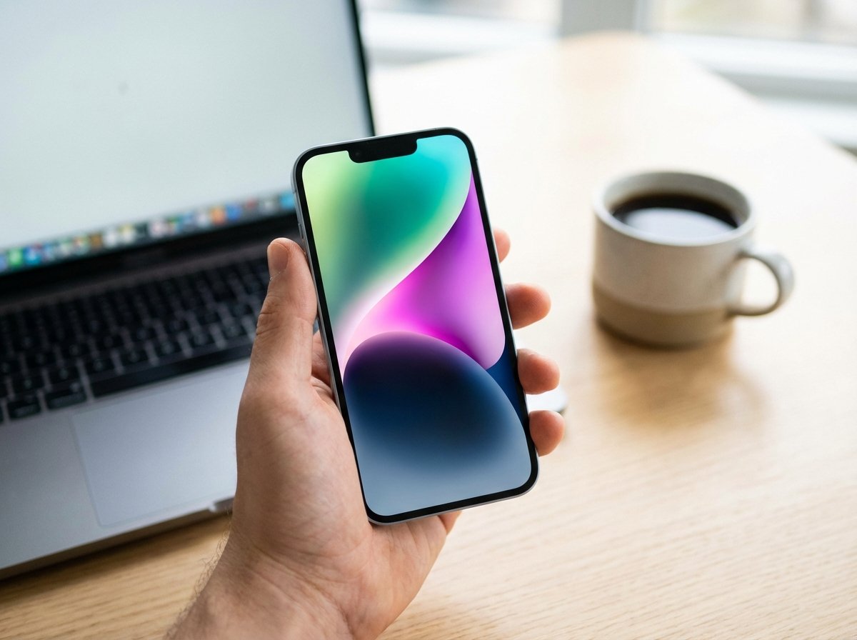A person holding a modern smartphone in a bright minimalist office environment. The screen shows a vibrant wallpaper. The background is slightly blurred with soft bokeh showing a laptop and a coffee cup. Lifestyle photography style with natural skin tones. 4:3 aspect ratio. No text.