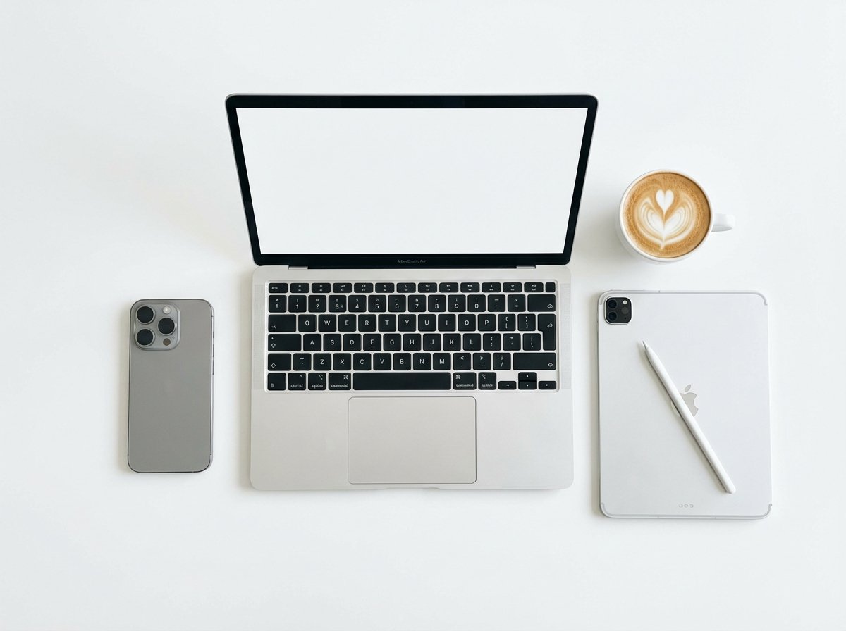 A flat lay of an Apple ecosystem including iPhone, iPad and MacBook on a clean white desk with a coffee cup. Minimalist aesthetic, bright and balanced lighting, 4:3 aspect ratio, no visible text.