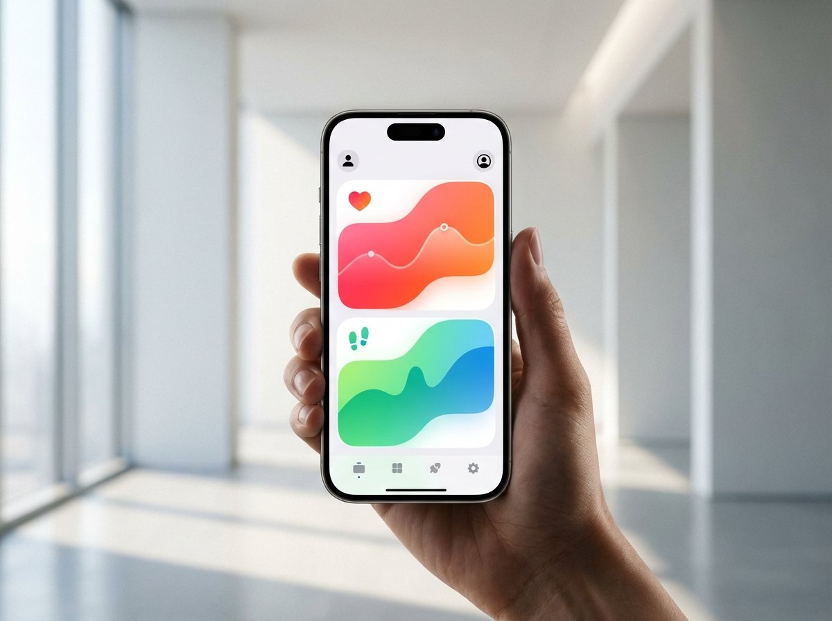 A sleek and modern concept of the Apple Health app on an iPhone screen, showing a clean dashboard with colorful health metrics like heart rate and steps, soft natural lighting, high-quality product photography style, 4:3 aspect ratio, no text.