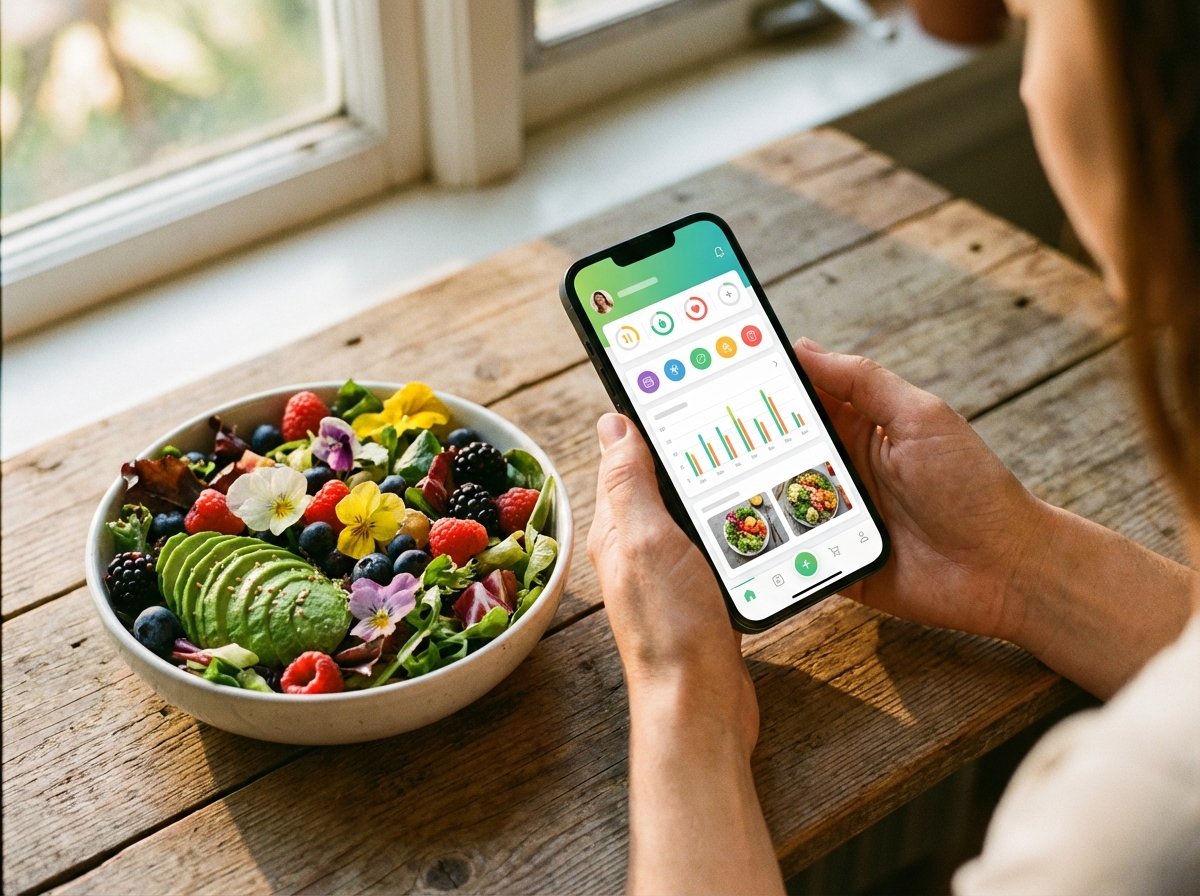 A person holding an iPhone next to a colorful salad bowl with avocado and berries, focusing on the screen showing a food logging app interface, warm morning sunlight, lifestyle photography, 4:3 aspect ratio, no text.