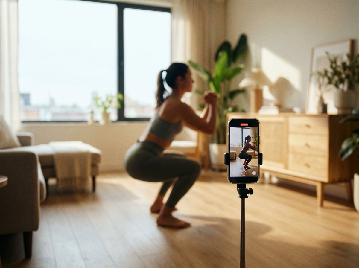 A person in workout clothes performing a squat in a bright modern living room, an iPhone is propped up on a stand facing them, soft focused background, high-quality interior photography, 4:3 aspect ratio, no text.