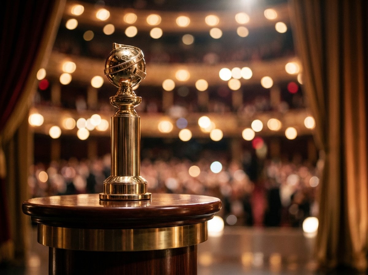 A realistic close-up of a golden globe trophy on a podium at a high-end awards ceremony, with soft bokeh lights of a theater audience in the background, elegant atmosphere, 4:3 aspect ratio, no text.