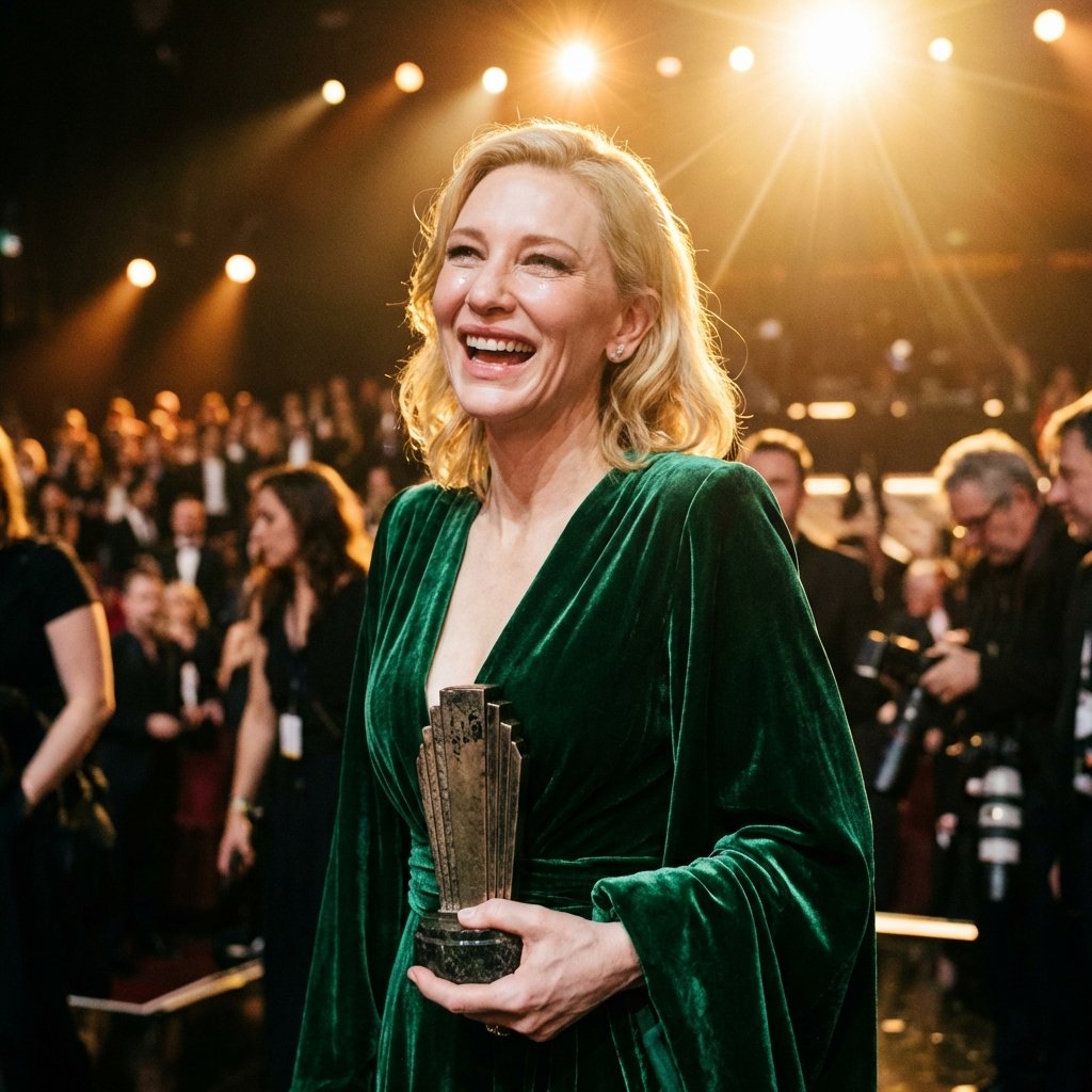A high-quality lifestyle photograph of a talented actress in an elegant evening gown holding an award, warm stage lighting, natural expression of joy, cinematic quality, 1:1 aspect ratio, no text.
