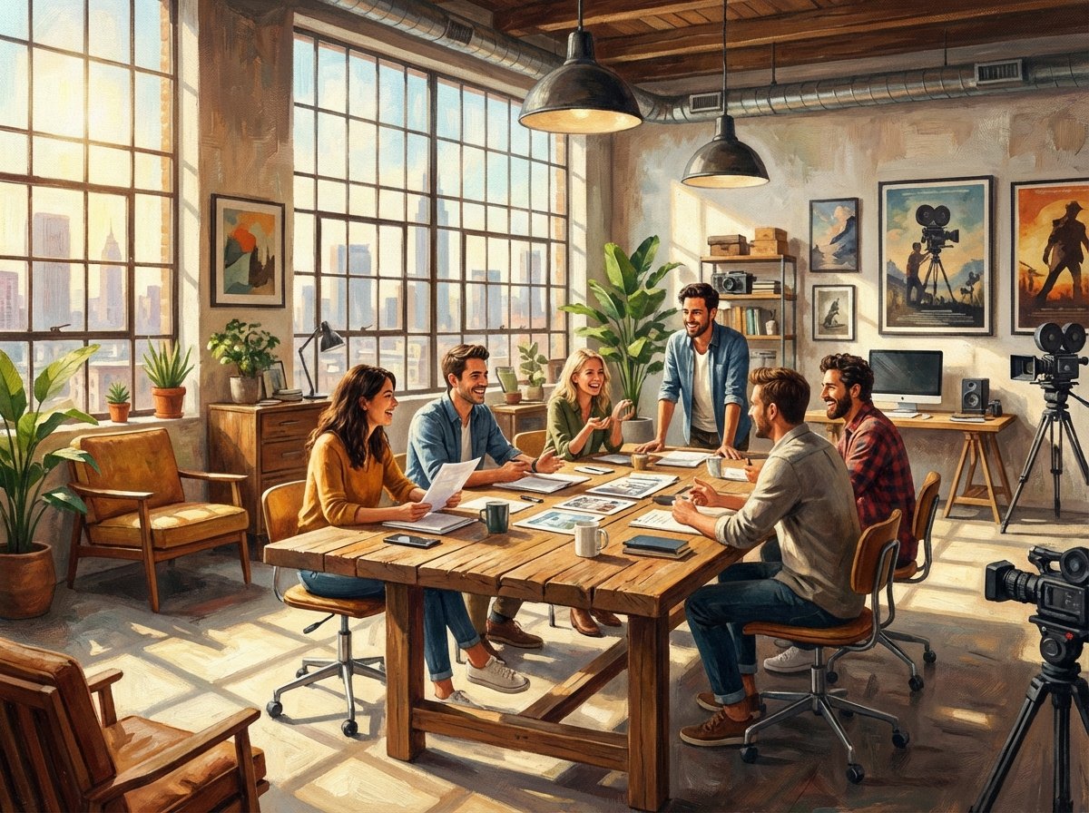 An artistic rendering of a modern film production office, creative people discussing scripts around a table, large windows with a city view, warm and inspiring atmosphere, textured background, 4:3 aspect ratio, no text.