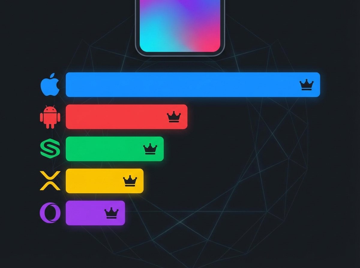 A clean infographic showing smartphone market share ranking, modern layout, high contrast, colorful bar charts, no text, 4:3