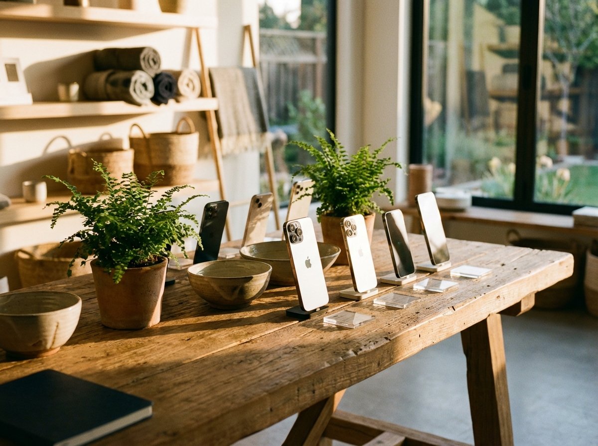 Lifestyle photography of high-end smartphones displayed in a minimalist technology store, warm lighting, natural setting, no text, 4:3