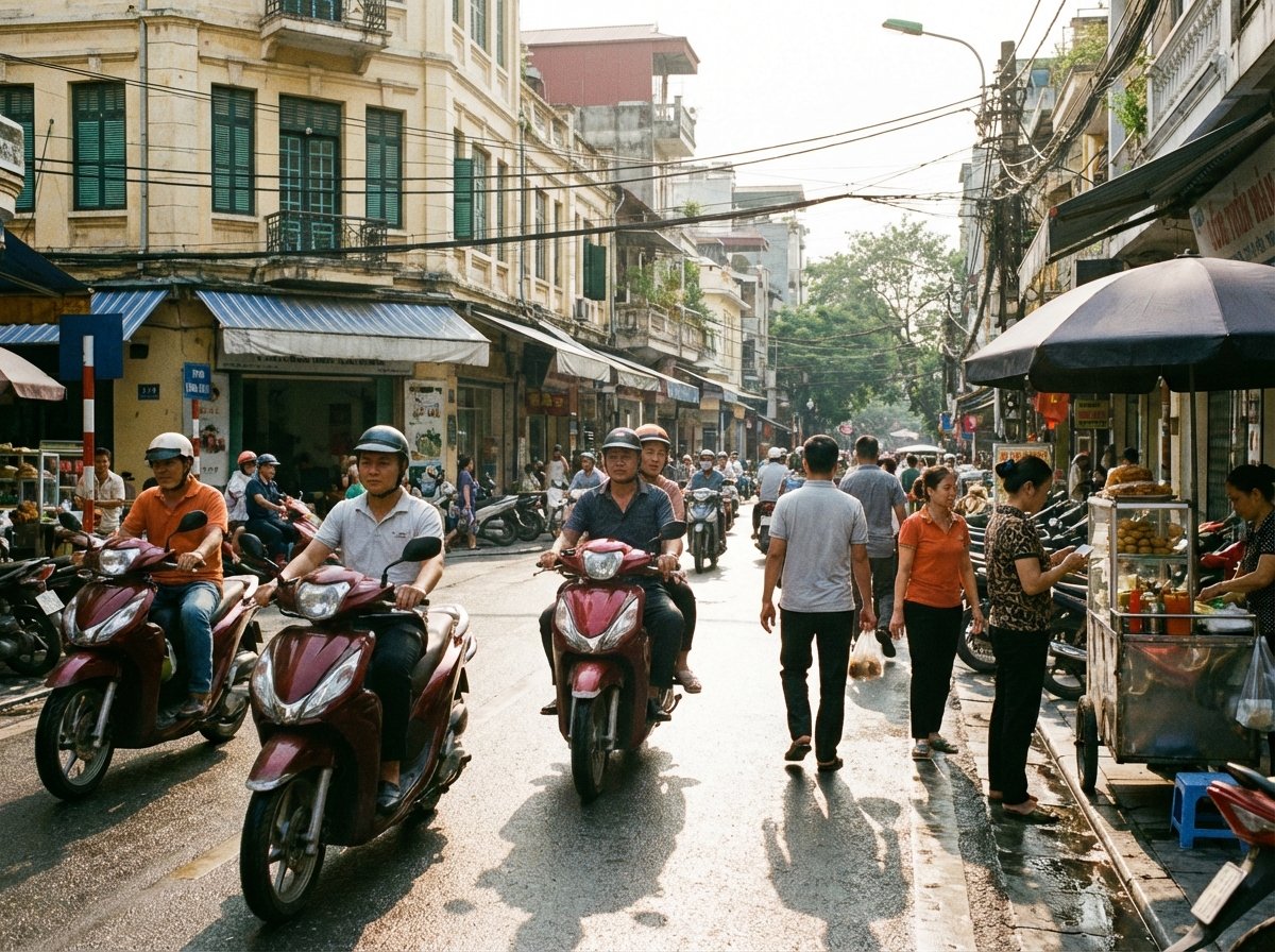 A vibrant street scene in Southeast Asia, people using modern smartphones, natural expressions, sunny day, 4:3, no text