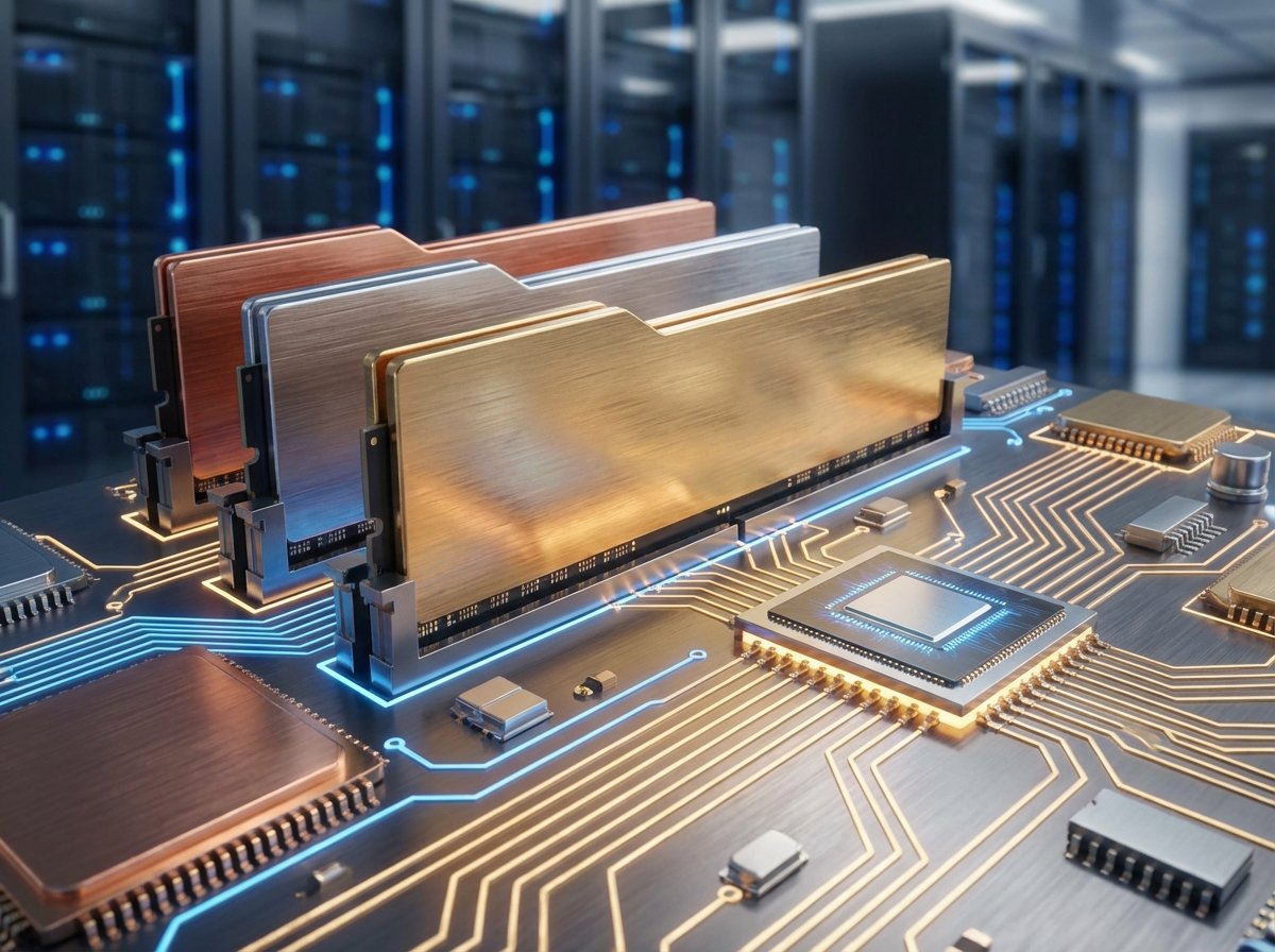 Close-up illustration of advanced memory chips and circuits, metallic texture, blue and gold lighting, professional tech background, 4:3, no text