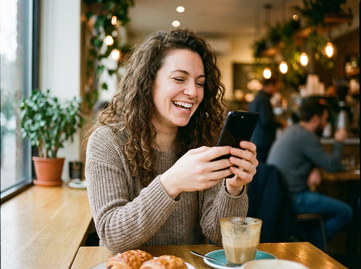 A person in a cozy cafe happily looking at a new sleek smartphone, natural lighting, bokeh background, 4:3, no text