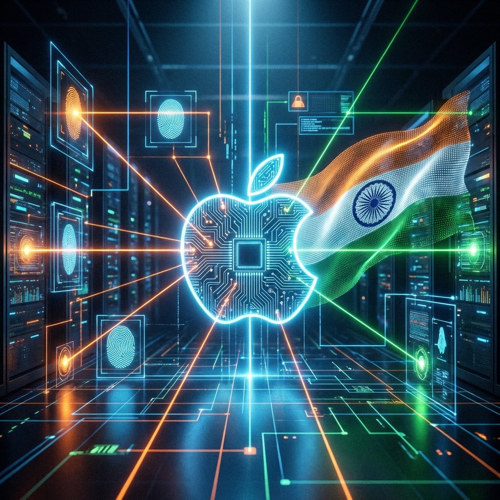 A high-tech conceptual image featuring the Apple logo and the flag of India integrated into a futuristic digital security grid, high contrast, professional lighting, 1:1 aspect ratio, no text.