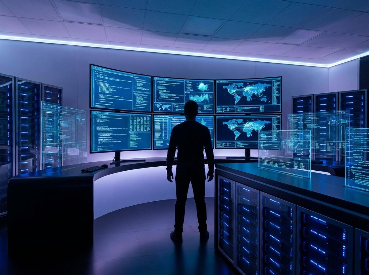 A modern cyber security laboratory with multiple monitors displaying complex blue glowing code, a person silhouette analyzing data, sleek high-tech atmosphere, 4:3 aspect ratio, no text.