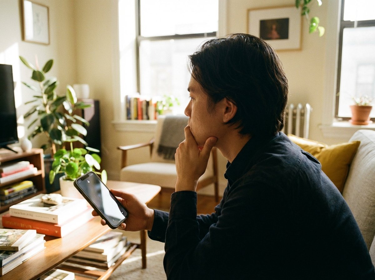 A person holding a modern smartphone with a subtle padlock icon on the screen, looking thoughtful in a warm lifestyle setting, natural indoor lighting, 4:3 aspect ratio, no text.