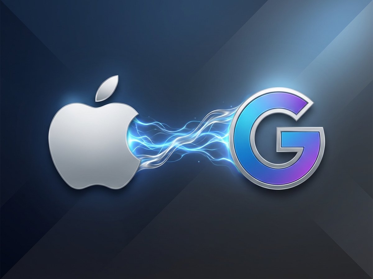 A clean and modern infographic style illustration showing the Apple logo and Google Gemini logo side-by-side with glowing blue and silver energy connecting them. The background is a sophisticated dark gradient with soft light highlights. 4:3 aspect ratio, no text.