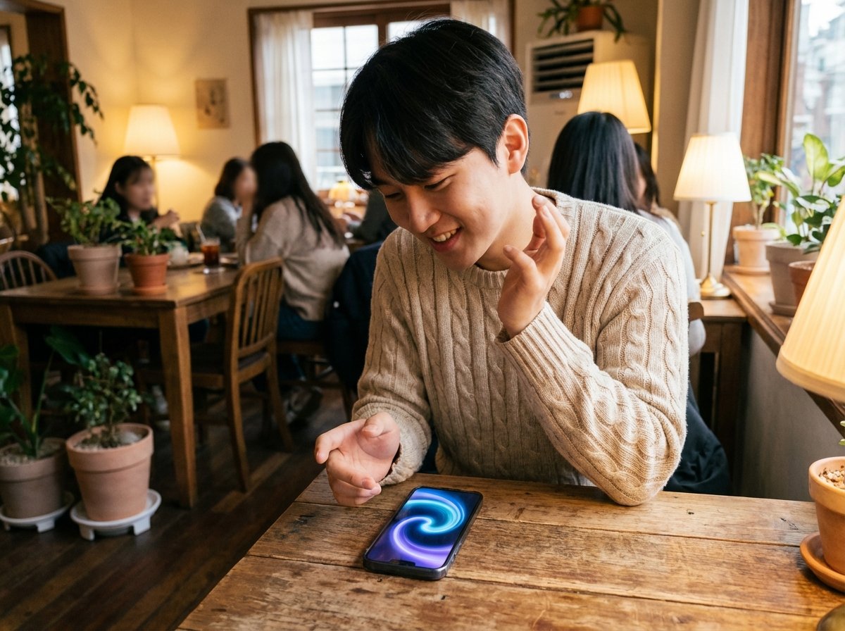 A lifestyle photography of a young Korean person sitting in a cozy cafe, talking naturally to their iPhone on the table. The screen shows a vibrant and futuristic Siri interface wave. Warm indoor lighting, shallow depth of field. 4:3 aspect ratio, no text.