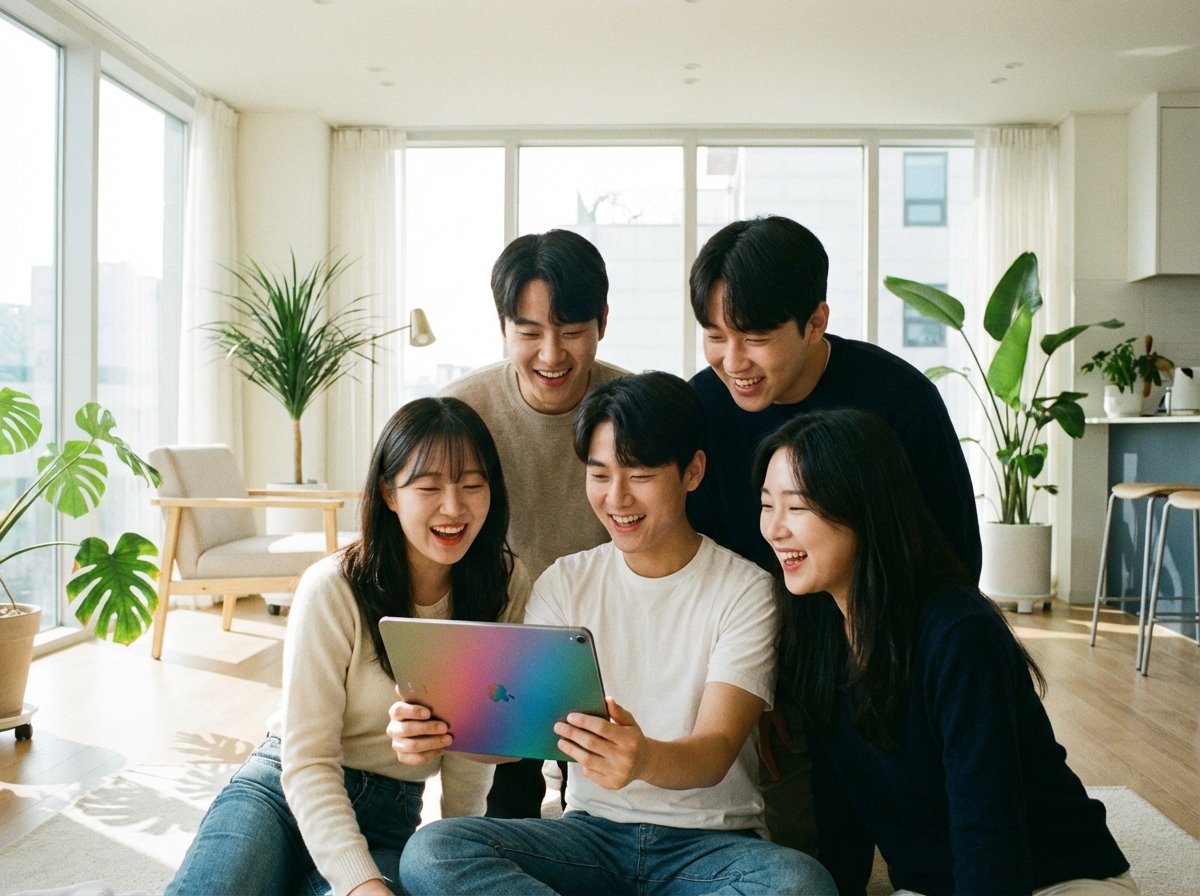 A cheerful group of young Korean friends looking at an iPad together in a modern living room, smiling and looking impressed. Bright and airy atmosphere, natural daylight coming through the window. 4:3 aspect ratio, no text.