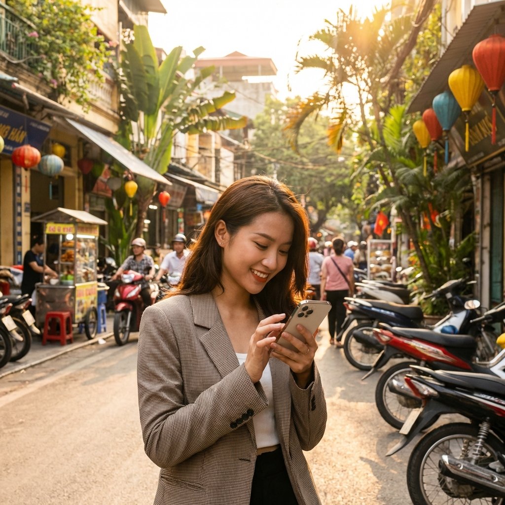 A young professional using a latest iPhone in a vibrant and modern city street in Southeast Asia, natural daylight, lifestyle photography, warm lighting, 1:1 aspect ratio