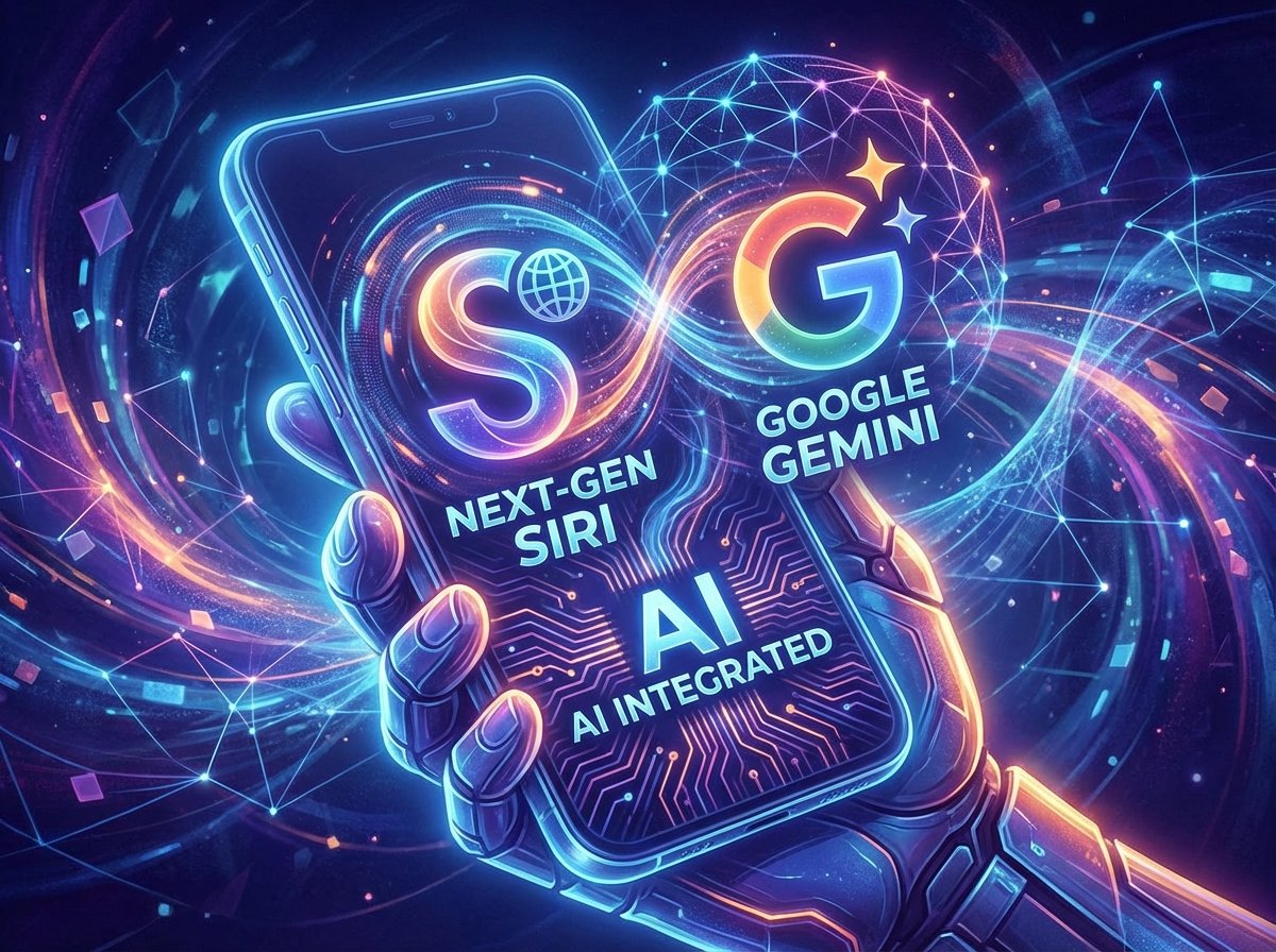 Conceptual illustration of high-tech AI integration with a smartphone, representing next-generation Siri and Google Gemini technology, artistic rendering, deep blue and purple background, 4:3 aspect ratio