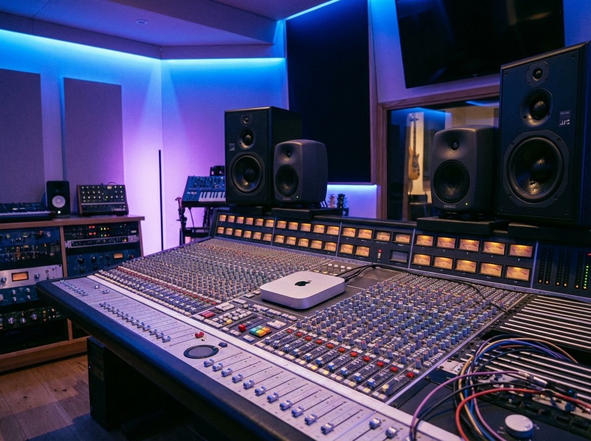 A professional music studio environment with a tiny Mac mini connected to large mixing boards and monitors, soft ambient blue and purple lighting, tech-focused atmosphere, 4:3 aspect ratio, no visible text