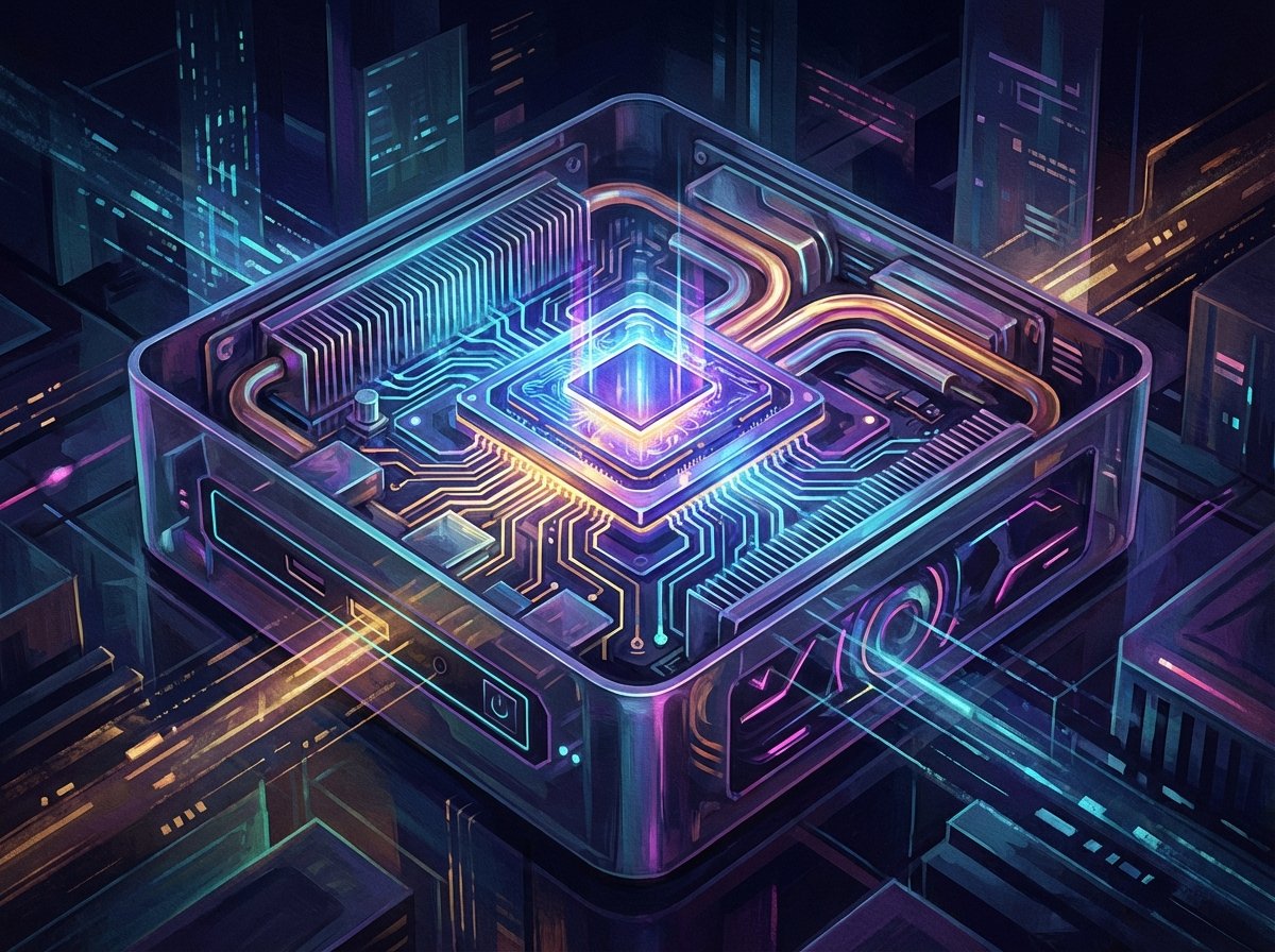 Artistic cross-section illustration of a mini computer showing a glowing powerful M4 chip inside, futuristic technology aesthetic, dark background with neon accents, 4:3 aspect ratio, no visible text