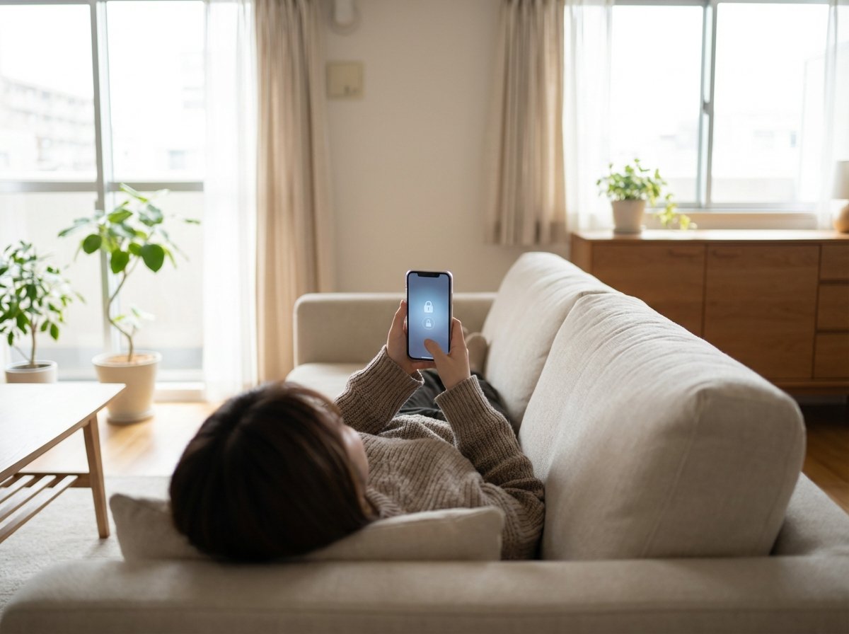 A lifestyle photograph of a person comfortably using an iPhone in a bright, modern living room with soft natural lighting. The focus is on the phone screen showing a subtle blue glow, suggesting privacy and security. 4:3 aspect ratio, no text.