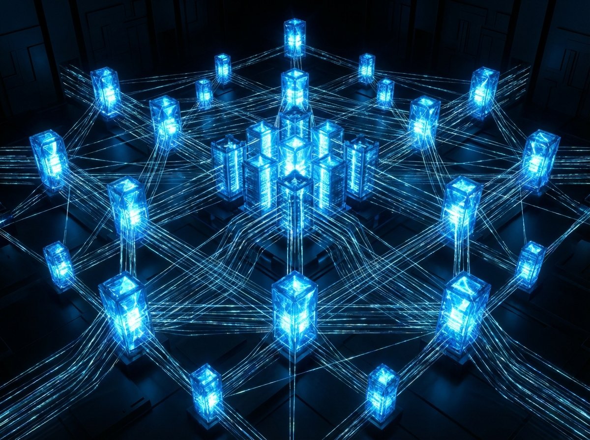 A futuristic and informational 3D rendering of interconnected glowing blue server nodes and data paths, representing high-tech cloud security and private computing. High contrast, professional layout, 4:3 aspect ratio, no text.