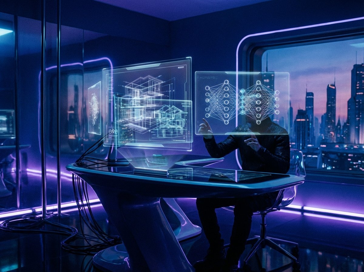A futuristic workstation with multiple holographic screens showing complex design layers and AI neural networks, deep blue and purple ambient light, cinematic atmosphere, 4:3, no visible text