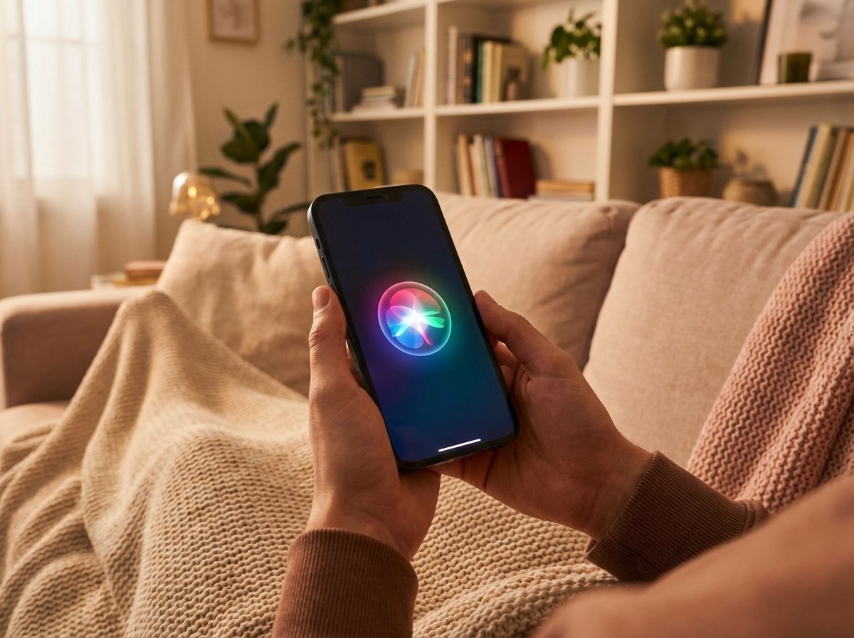 A person holding an iPhone displaying a vibrant and colorful Siri animation on the screen. The background is a cozy modern living room with soft lighting. Realistic lifestyle photography, 4:3 aspect ratio, no text.