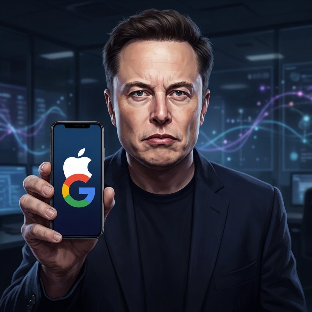 A high-quality realistic digital illustration of Elon Musk looking frustrated and looking at a smartphone screen that displays combined Apple and Google logos. Dark professional background with subtle technological data streams. 1:1 aspect ratio, no text.