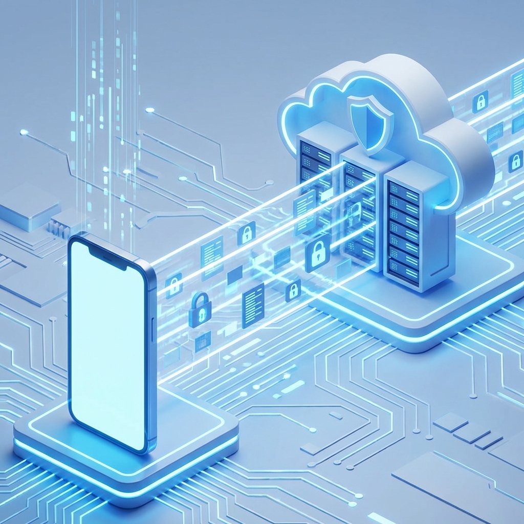 A clean and modern infographic-style 3D illustration showing a secure data tunnel between a smartphone and a private cloud server. Glowing blue and white colors, high-tech aesthetic. 1:1 aspect ratio, no text.