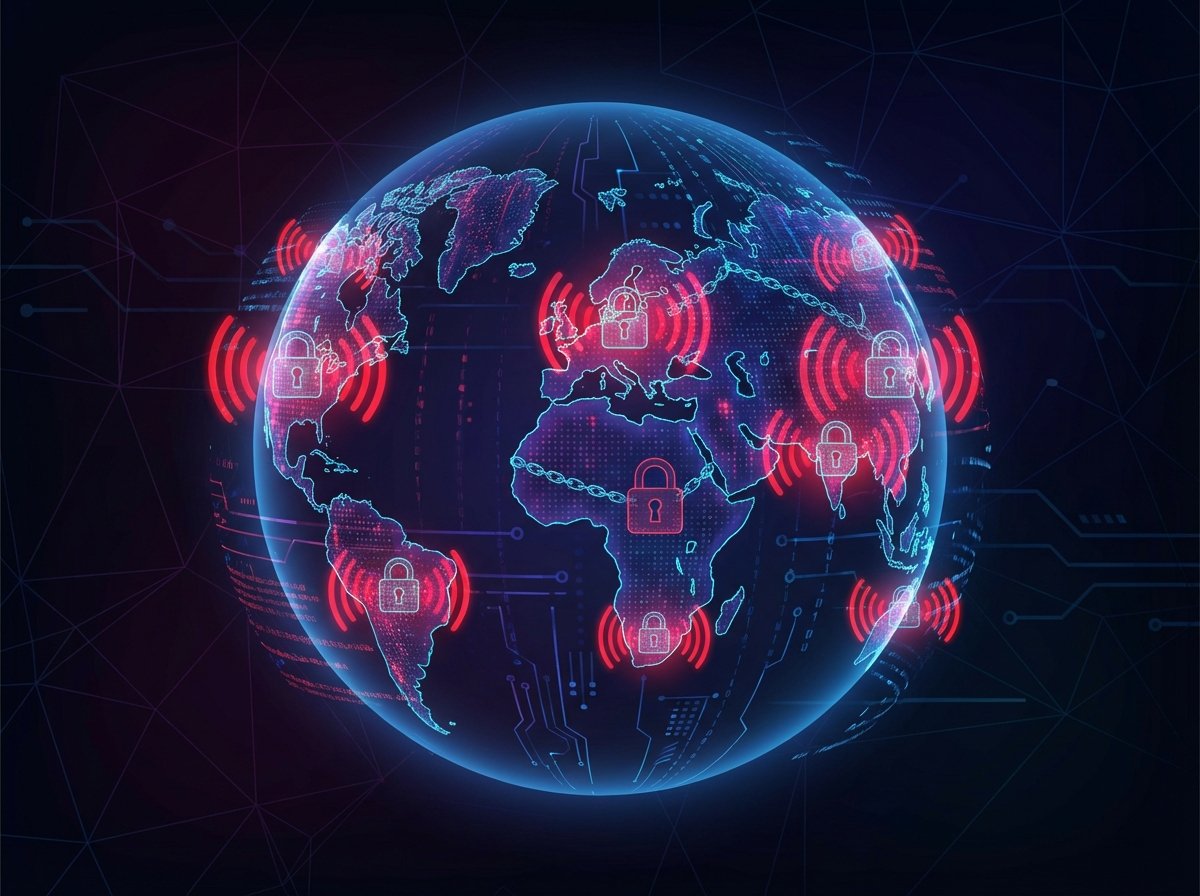 A conceptual illustration of a digital globe with red warning signals and digital locks over various regions. Modern flat design with a dark background. 4:3 aspect ratio, no text.
