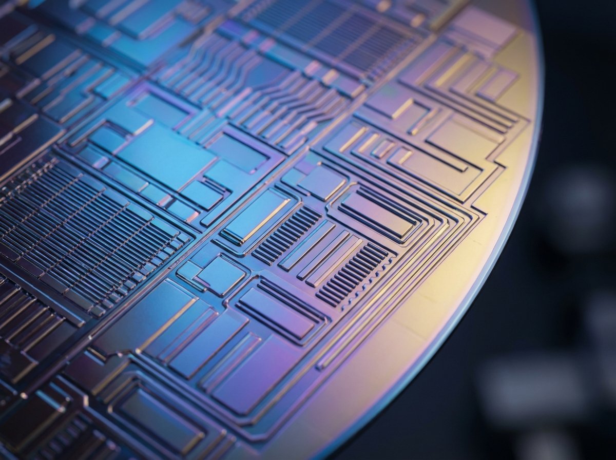 Extremely close up macro shot of a futuristic silicon wafer with 2nm node structures, iridescent metallic colors, intricate nanotechnology patterns, high contrast studio lighting, 4:3, no text