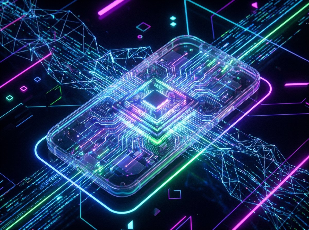 Transparent smartphone showing a glowing advanced CPU inside, surrounding by digital data streams and neural network light effects, dark background with neon accents, 4:3, no text
