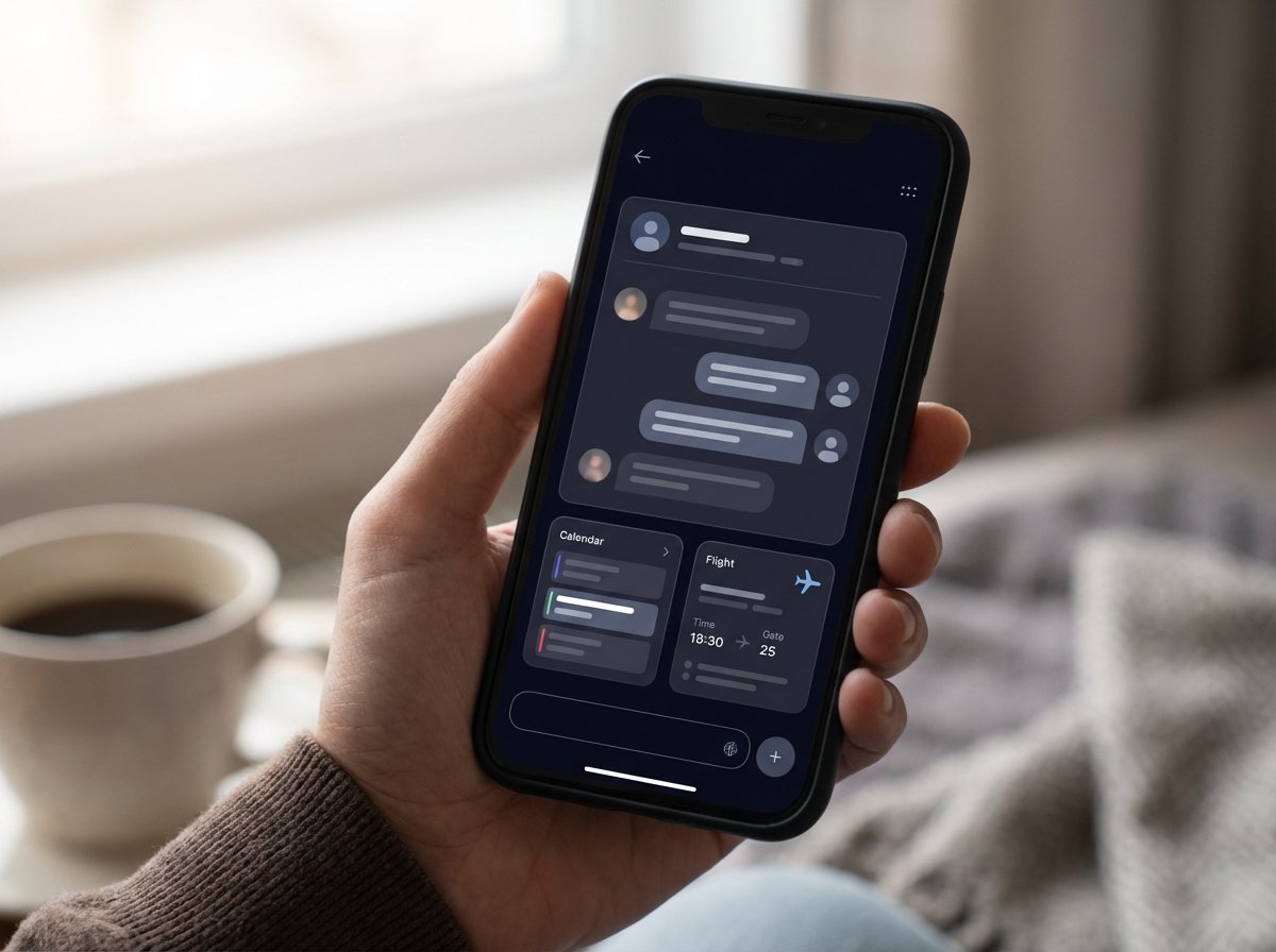 Realistic close up of a person holding an iPhone showing a sophisticated AI chat interface with calendar and flight info widgets. Soft natural lighting, lifestyle photography, focused on the screen content. No text, 4:3 aspect ratio.