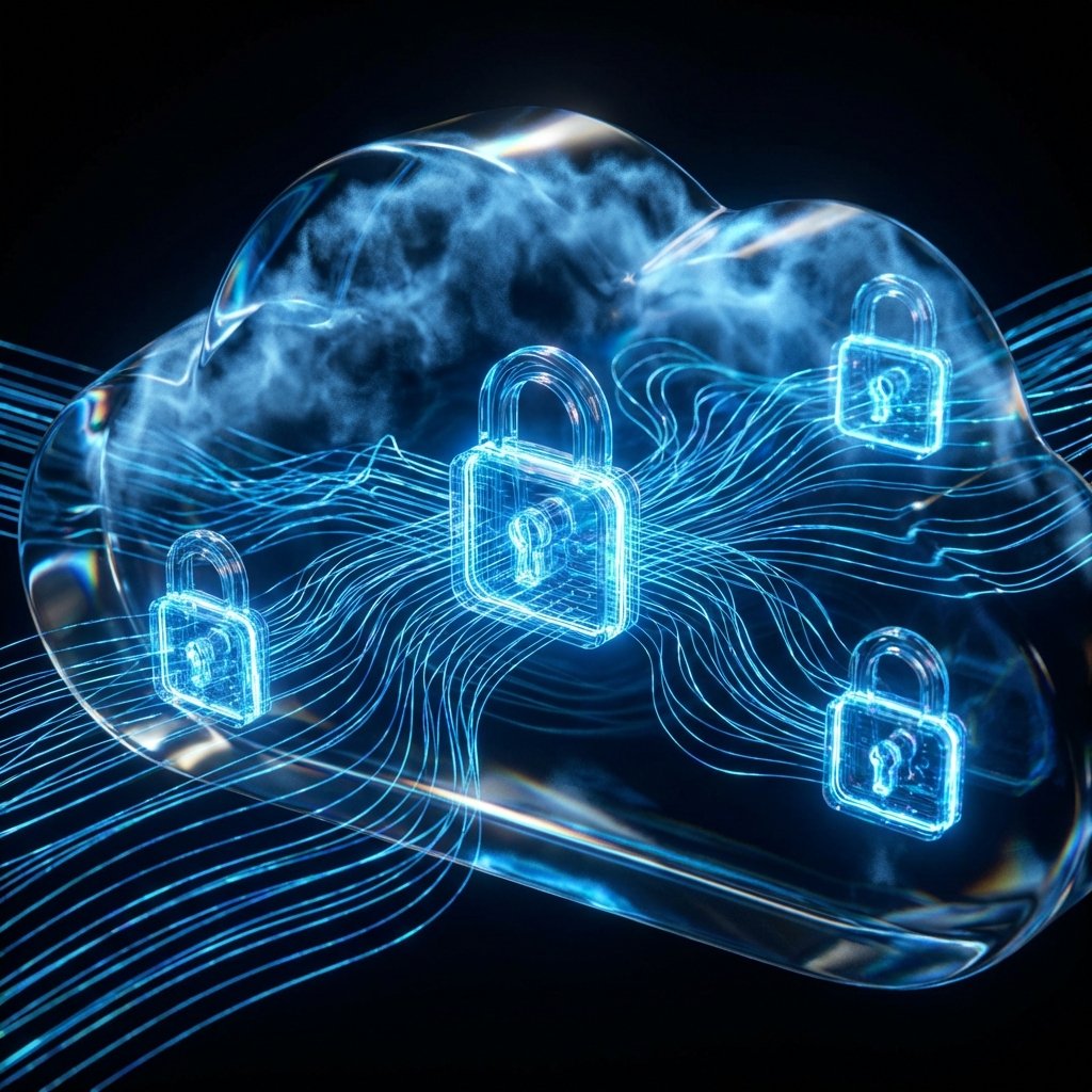 Abstract representation of digital security and cloud computing with glowing blue data lines and futuristic locks. Elegant and high tech aesthetic, high contrast. No text, 1:1 aspect ratio.