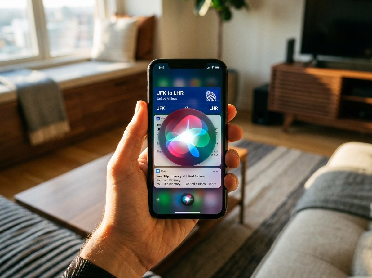 A close-up lifestyle shot of a hand holding an iPhone displaying a sophisticated Siri animation with vibrant colors. The screen shows a flight itinerary and a message summary from the Mail app. Natural warm lighting, modern setting, 4:3 aspect ratio, no text.