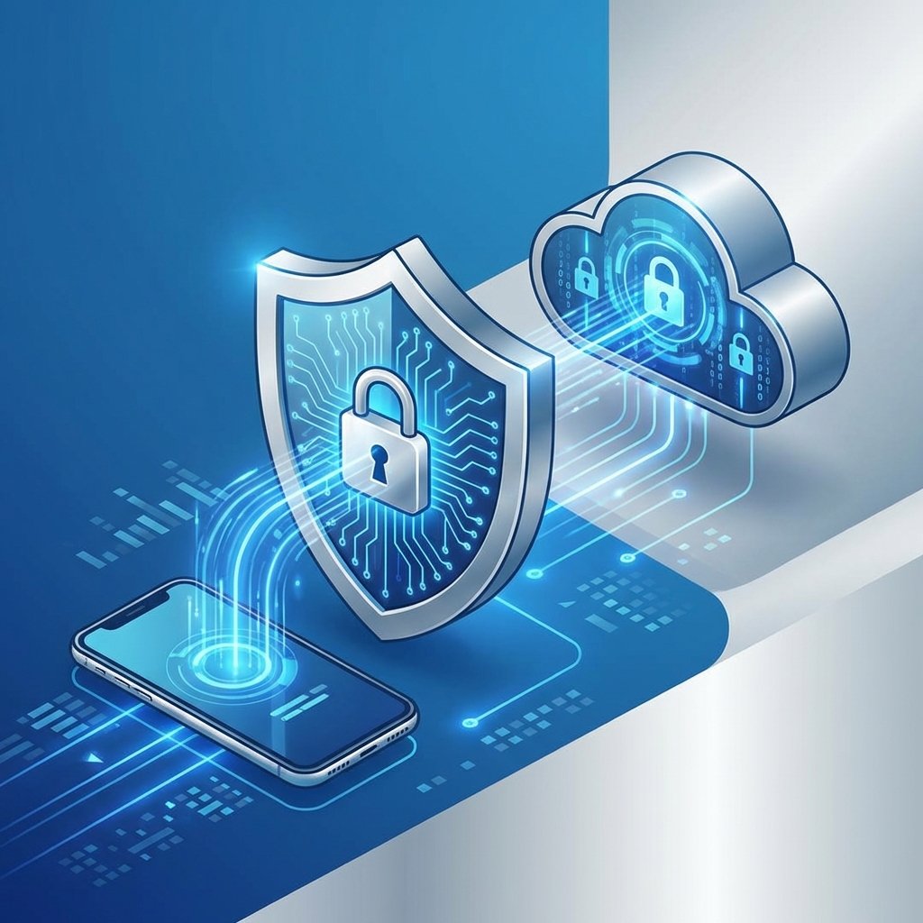 A clean infographic-style illustration representing data privacy. A stylized shield protecting a smartphone icon, with glowing circuits connecting to a secure cloud server. Professional blue and silver color palette, 1:1 aspect ratio, no text.