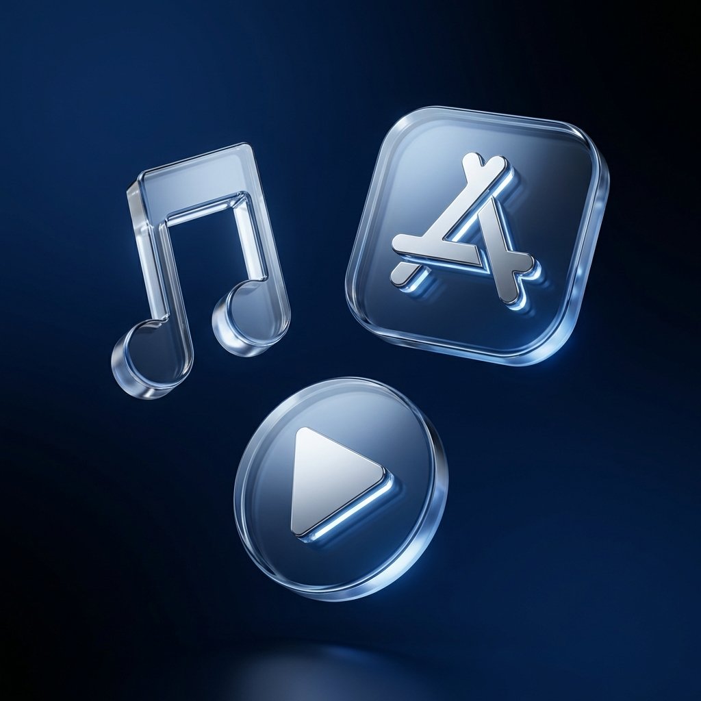 A sleek and modern representation of digital service icons like a music note, an app store symbol, and a video play button floating over a sophisticated dark blue gradient background, high-quality 3D render, professional lighting, 1:1 aspect ratio, no text.