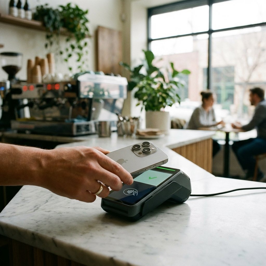 Close up shot of a hand holding a modern smartphone near a contactless payment terminal in a stylish urban cafe, natural daylight, professional photography, clean composition, 1:1 aspect ratio, no text.