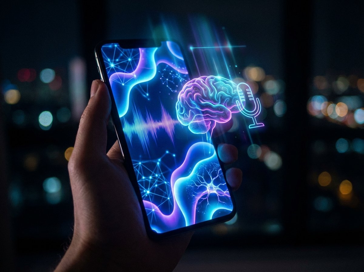 A futuristic digital interface glowing on a smartphone screen held in a hand, representing advanced artificial intelligence and voice assistant features, soft blue and purple neon lighting, cinematic depth of field, 4:3 aspect ratio, no text.