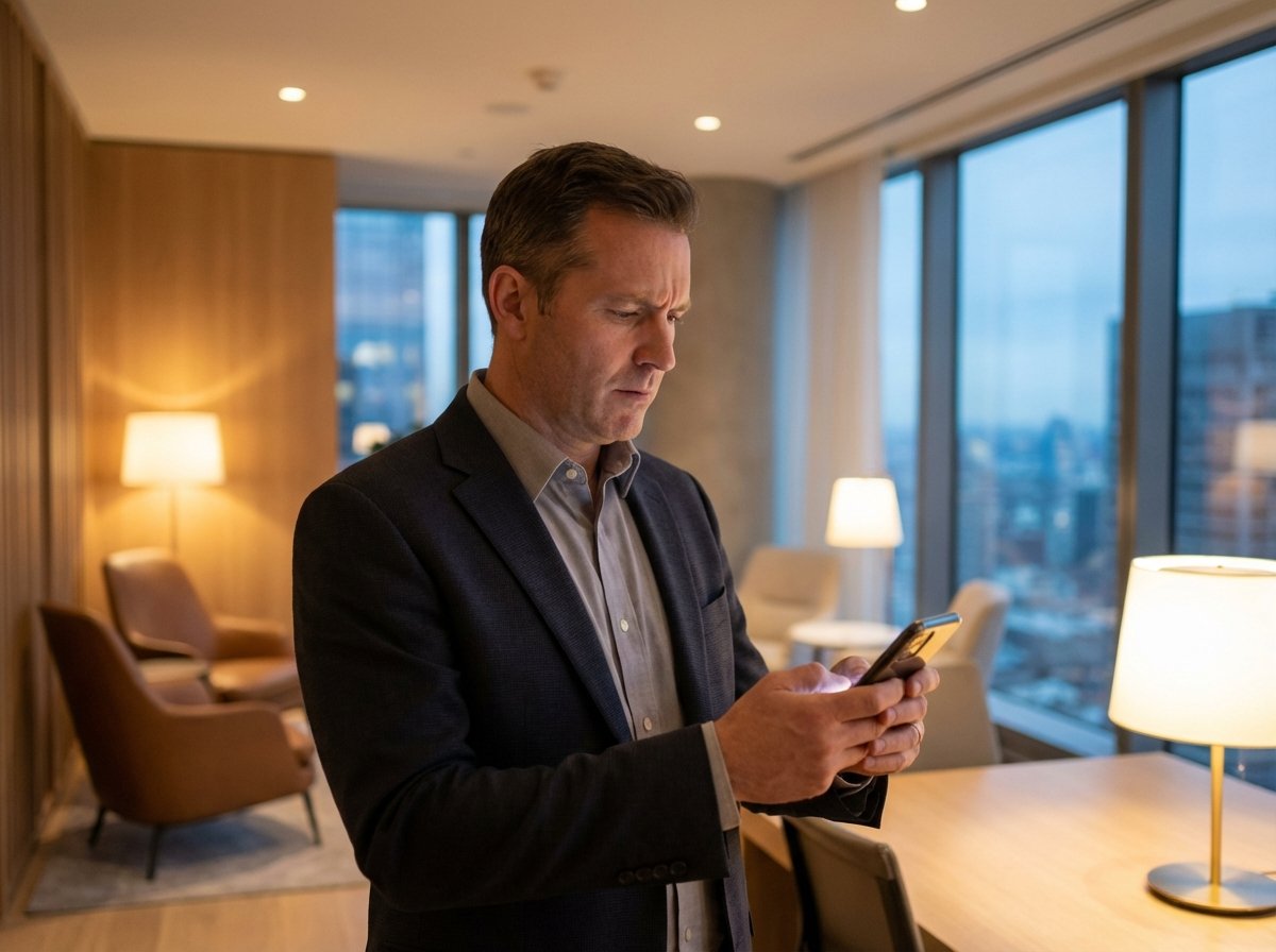 A professional man in a modern office looking at a smartphone screen with a serious and contemplative expression soft warm indoor lighting 4:3 aspect ratio no text