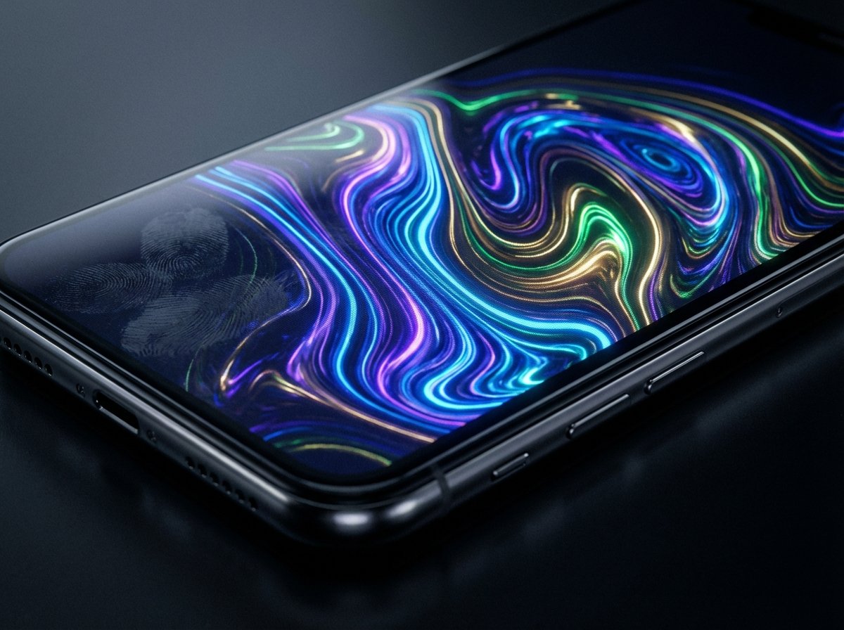 Close up shot of a high tech smartphone displaying a complex and colorful AI assistant wave interface on its screen professional lighting macro photography 4:3 aspect ratio no text