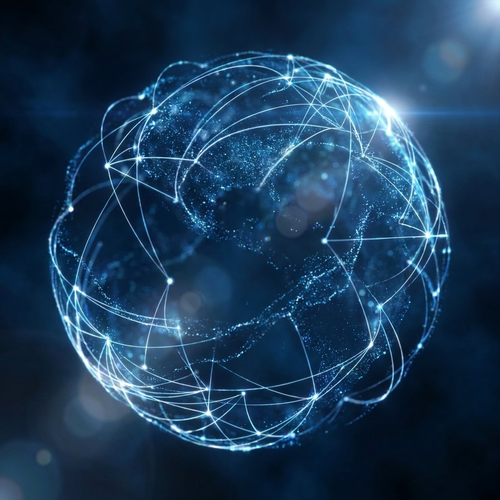 Abstract representation of global digital network with glowing lines and data particles connecting across a dark blue background cinematic composition 1:1 aspect ratio no text