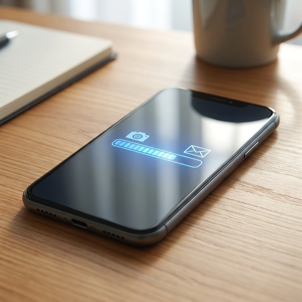 A sleek smartphone on a wooden desk showing a data transfer progress bar with icons representing photos and messages, soft natural lighting, high-quality technology photography, aspect ratio 1:1, no visible text