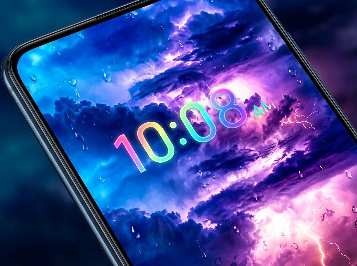 A close up shot of a smartphone screen displaying a dynamic weather wallpaper with rain droplets and a clock, modern aesthetic, vibrant colors, aspect ratio 4:3, no visible text