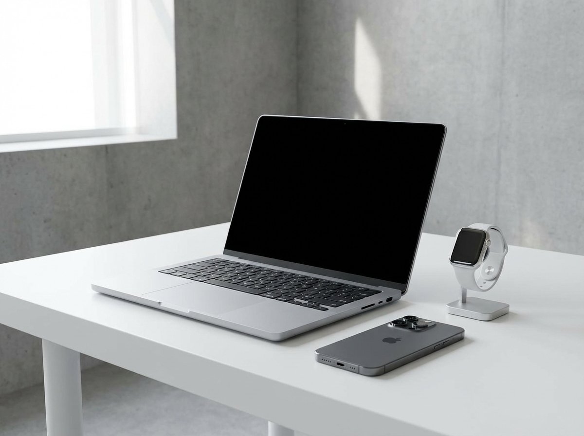 A collection of Apple devices including an iPhone, Apple Watch, and MacBook on a clean white table, minimalist interior design, bright and balanced lighting, aspect ratio 4:3, no visible text